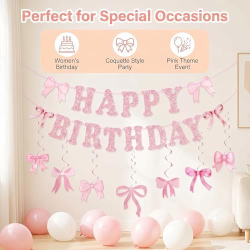 Pink Bow Birthday Banner Set with Happy Birthday Decorations