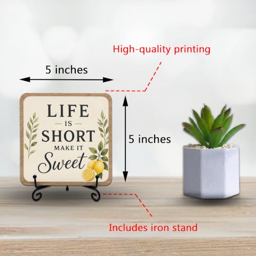 Lemon Kitchen Decor Sign | 5x5 Inch Wooden Plaque with Stand
