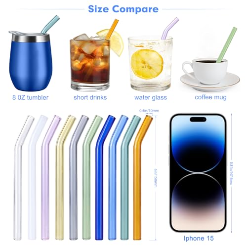 10 Pcs Colorful Reusable Bent Glass Straws - 6'' for Whiskey & Cocktails