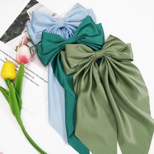 Silky Satin Bow Hair Clip with Long Tails, Light Blue, 2 Pcs