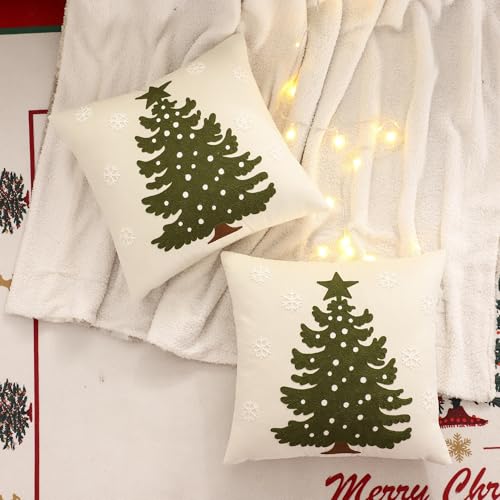 Christmas Tree Velvet Pillow Covers 18x18, Set of 2 Beige Holiday Cushions