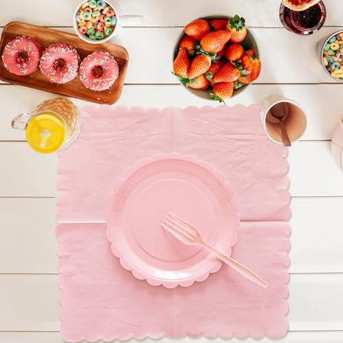 Pink Scalloped Paper Plates & Napkins Set for Parties - 25 Guests
