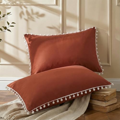 Rust Pom Poms Pillowcases Set of 2, 30x20 Queen Size, Soft Microfiber