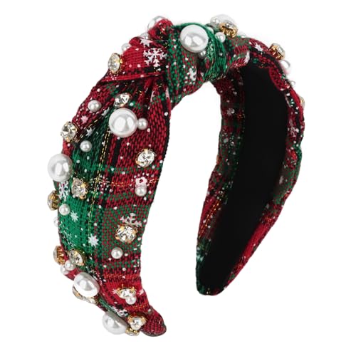 Semato Red and Green Check Christmas Knotted Headband with Pearls