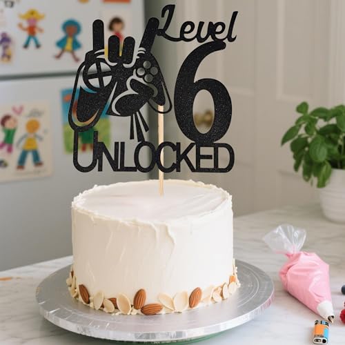 Level 6 Unlocked Cake Topper | Black Glitter Video Game Decor