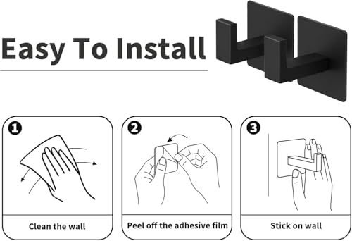 Matte Black Adhesive Towel Hooks – No Drill, 2 Pack for Bathroom & Kitchen