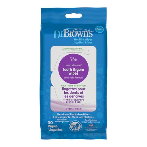 Dr. Brown's Baby Tooth and Gum Wipes, Fluoride-Free Oral Care, Grape, 30 Count