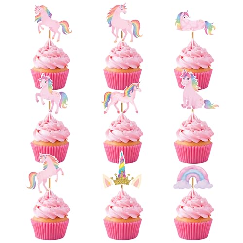 Rainbow Unicorn Cupcake Toppers - 36 Pack for Birthday Parties