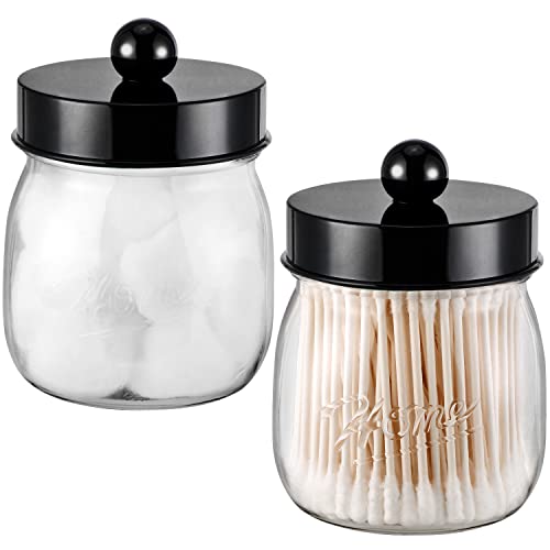 SheeChung Acrylic Mason Jar Qtip Holder Set - 2 Pack Black Apothecary Jars for Bathroom Storage