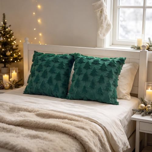 Evergreen Tree Christmas Pillow Covers 18x18 Inch Set of 2 - Green Festive Decor