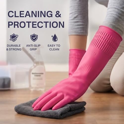Gennethly Red Rubber Dishwashing Gloves - 2 Pairs, Medium Long Cuff