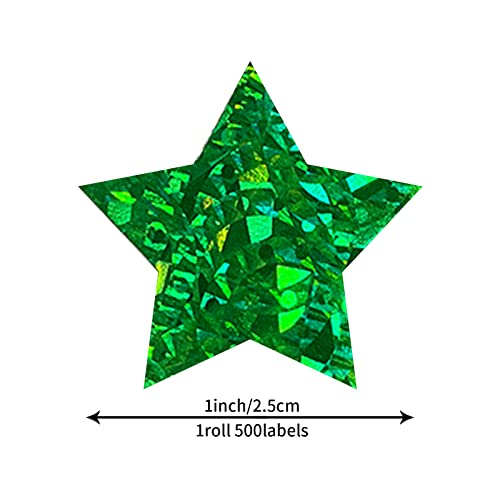 Green Star Stickers - 1 Inch Glitter Star Labels, 500 Pcs Roll for Rewards