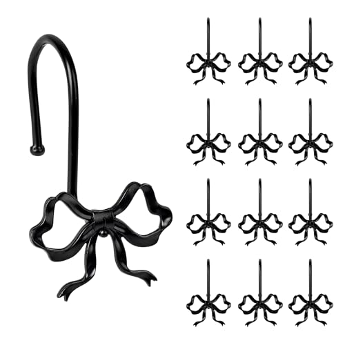 Sunlit Black Bow Knot Shower Curtain Hooks - Set of 12