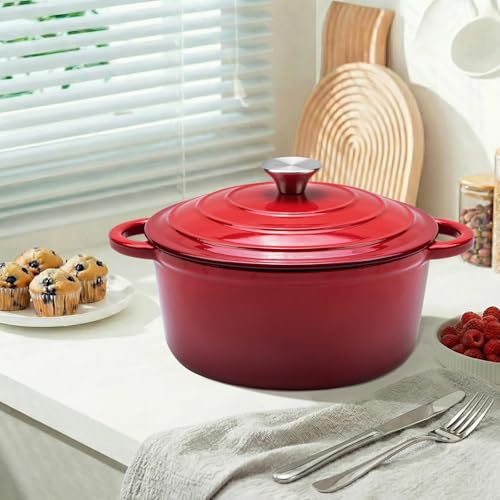 WOKINS 7QT Enameled Cast Iron Dutch Oven Pot with Lid,Heavy-Duty Cookware for Sourdough Bread Baking,Braising,Stews,Roasting,Oven Safe up to 500°F,RED