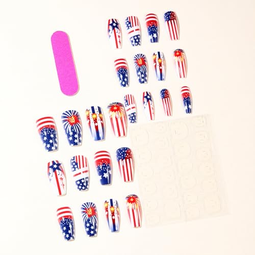 4th of July Long Press on Nails Red Blue Stars and Stripes False Nails