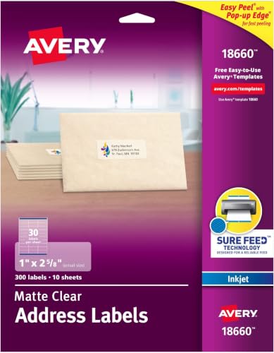 Avery Clear Address Labels, 1 x 2-5/8 Inch, Matte Finish, 300 Labels (Pack of 5)