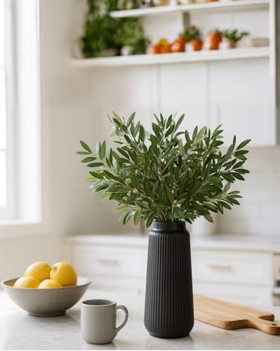 CheeryStow Matte Black 8-Inch Ceramic Vase - Conical Ribbed Flower Holder