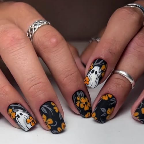 Ghost Press on Nails Matte Orange Flower Acrylic Short Square False Nails