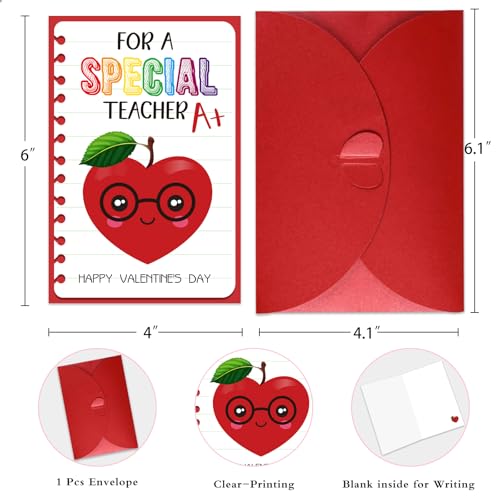 Valentine's Day Card for Teacher - 4x6 Appreciation Greeting Card with Envelope