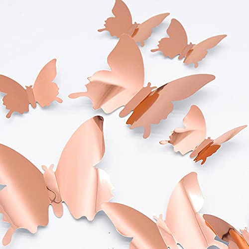 CAYUDEN 24pcs 3D Mirror Butterfly Wall Stickers - Rose Gold Decor