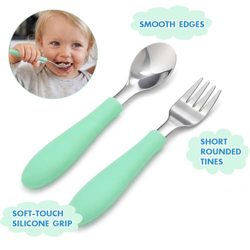 Kids Stainless Steel Fork & Spoon Set with Color Options - Toddler Safe Flatware for Self-Feeding, 6 pcs Blue/Green/Pink