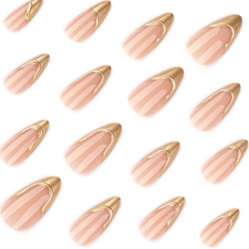 Press on Nails Long Almond Glossy Pink Nude with 3D Gold French Tips