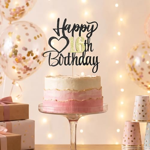 Black Glitter 16th Birthday Cake Topper - Happy 16th Decoration