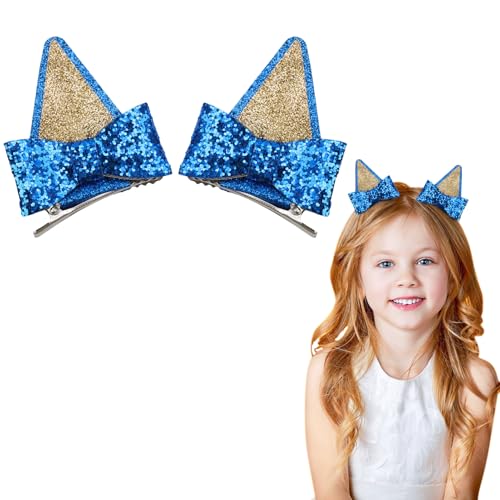 GUGUMO 2 Pcs Blue Glitter Ear Hair Clips with Bows for Cosplay and Parties