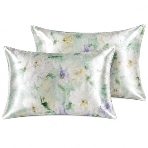 YIYEA Standard Satin Pillow Cases Set of 2 with Zipper, 20x26