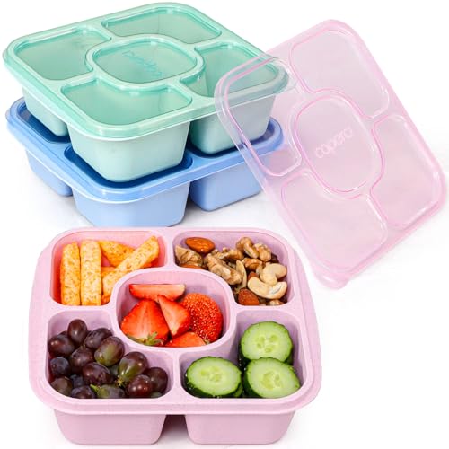 Caperci 5-Compartment Bento Snack Containers, Reusable Wheat Straw, 3-Pack