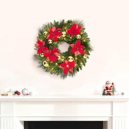 Pre-Lit Christmas Wreath 24 Inch Red and Gold Indoor Outdoor Decor with Lights