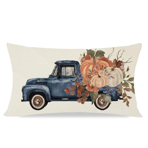 PANDICORN Navy Blue Fall Throw Pillow Cover 12x20 - Floral Pumpkin Design for Home Decor