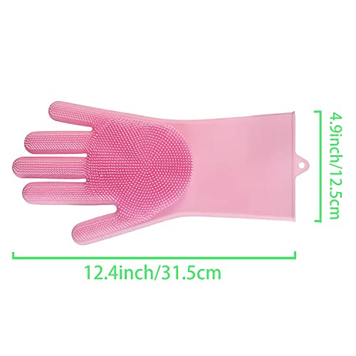 HUAYINGMEI Silicone Dishwashing Gloves with Built-in Scrubber - Pink