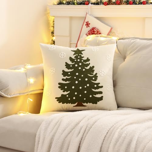 Christmas Tree Velvet Pillow Covers 18x18, Set of 2 Beige Holiday Cushions