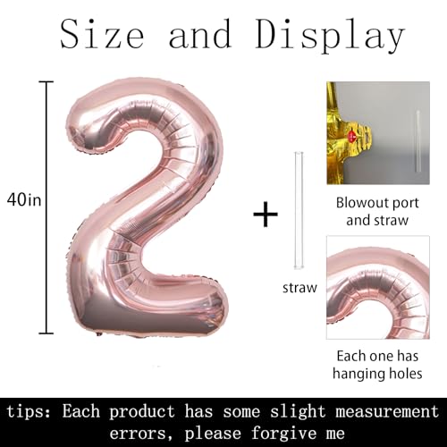 Keyali 40 Inch Rose Gold Number 2 Foil Helium Balloon for Birthday Party Decor