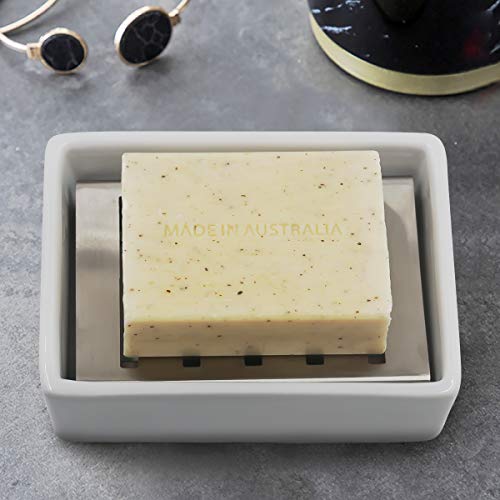 TOPSKY White Ceramic Soap Dish Holder with Stainless Steel Tray