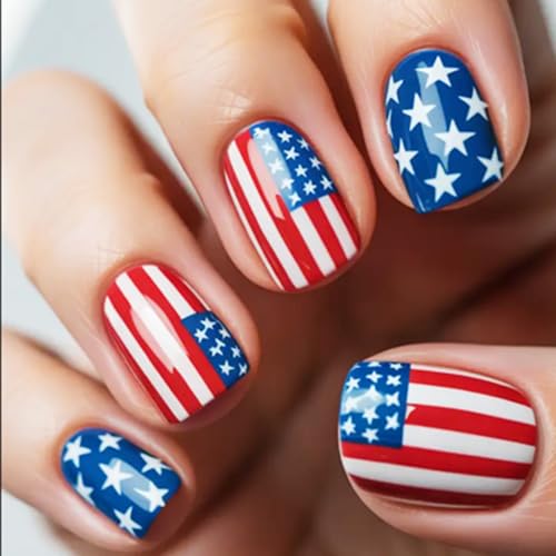 HZJXRT 4th of July Short Square Press on Nails - 24 Pcs Acrylic USA Flag Fake Nails with Glossy Finish
