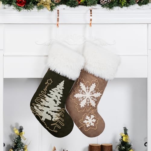 Christmas Stockings Set of 2 - Suede with Faux Fur Cuffs & Rope Embroidery, 20 Inch Large Holiday Decor