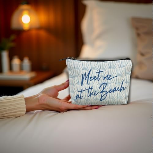Blue Seashell Cosmetic Bag Linen Travel Makeup Pouch