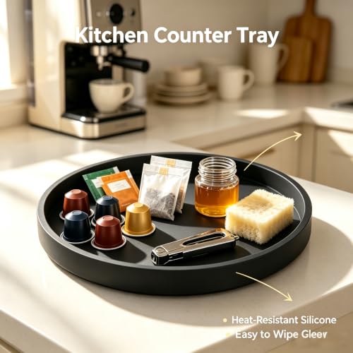 9-Inch Black Silicone Bathroom Tray - Kitchen Counter Organizer