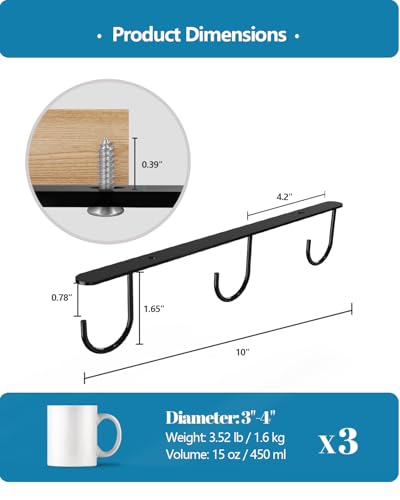 Luckinow Under Cabinet Mug Hooks - 3 Pack Stainless Steel Coffee Cup Holder