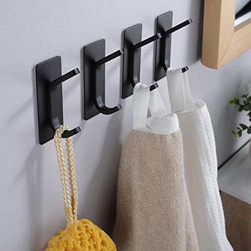 YIGII Black Adhesive Towel Hooks - Heavy Duty 4-Pack Stainless Steel