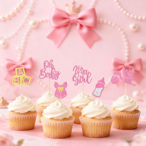 12 Rose Gold Glitter Cupcake Toppers for Baby Girl Shower