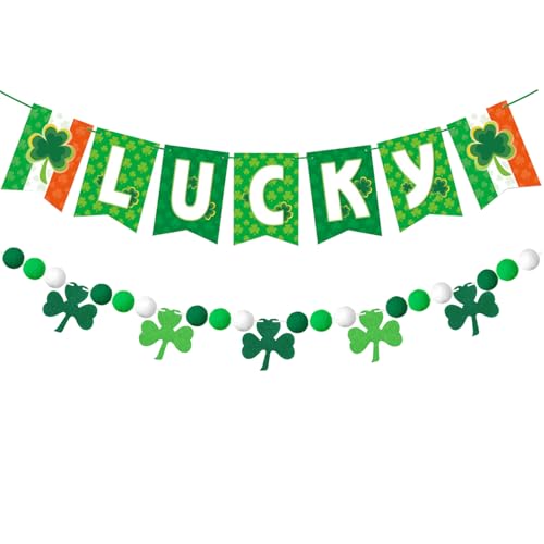 St. Patrick's Day Banner Decorations 2 Pack - LUCKY Banner and Shamrock Pom Pom Garland