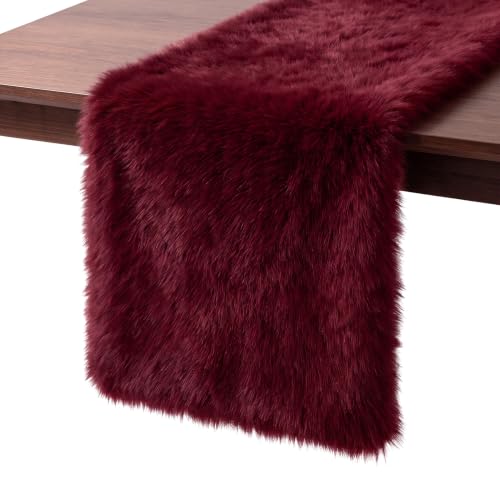 Burgundy Faux Fur Table Runner - Luxury Christmas Home Decor, 35.4 Inch
