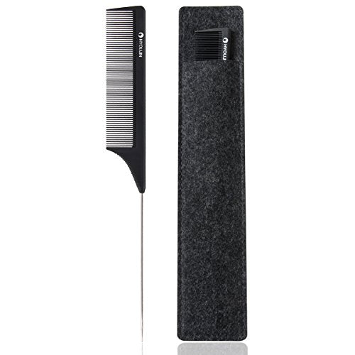 HYOUJIN Carbon Fiber Rat Tail Comb with Metal Pick for Parting and Styling