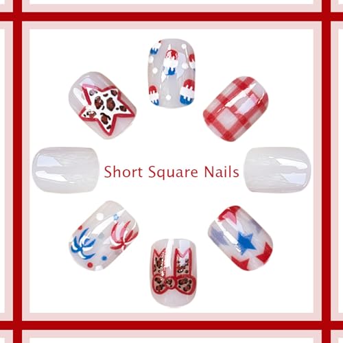 Independence Day Short Square Press on Nails with Bow and Star Designs