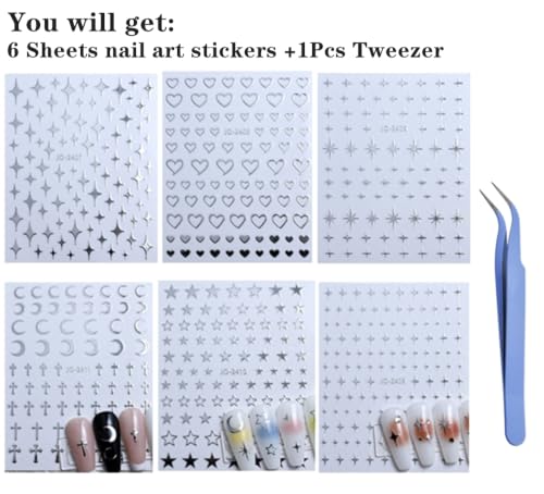 Star Nail Art Stickers 6 Sheets with Tweezer 3D Self-Adhesive Decals