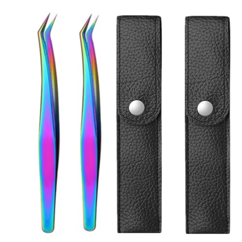 Vubbkdi Rainbow Stainless Steel Craft Tweezers with Leather Bags, 2 Pairs
