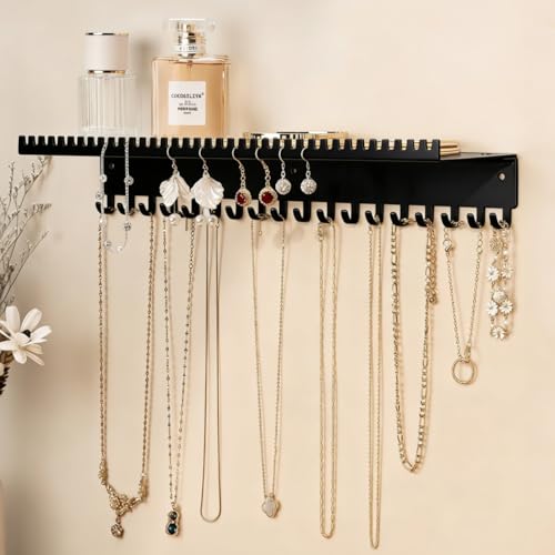 Black Wall-Mounted Jewelry Organizer with 56 Hooks & Shelf